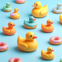 Colorful delicious donuts shaped like rubber ducks on a pastel blue background. Tasty dessert food concept in minimalism style. Wide screen wallpaper. Panoramic web banner with copy space for design.