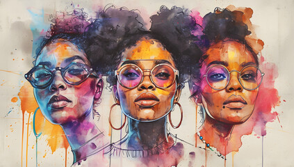 Illustration of three black women on watercolor background, celebrating women's history month and diversity. - obrazy, fototapety, plakaty