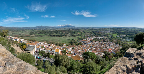 Fototapeta na wymiar View from above of Jimena de la Frontera, a pretty white town in the province of Cadiz, Andalusia, Spain