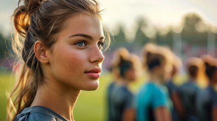 Portrait of a beautiful young woman on a soccer field, concentrating and looking at the camera.