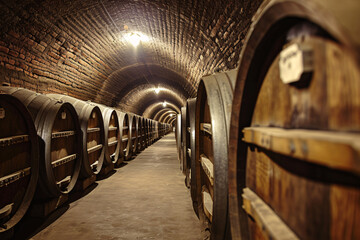 Wine barrels in underground cellar