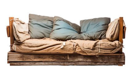  front view of a torn, tattered, and old futon sofa isolated on a white transparent background