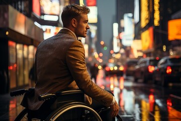A person with disabilities is asking for alms on the futuristic city streets. - obrazy, fototapety, plakaty