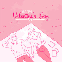 Celestial Connection Couple Sleeping, Gazing at the Romantic Sky in Line Art. 'Happy Valentine's Day' in Magenta Script on Pink Background. A Love Story Painted in Starlight