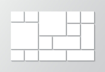 Moodboard grid. Portfolio images mockup. Album brandboard. Scrapbook template. Mosaic picture frame. Photo collage square layout. Mood board background. Gallery banner. Vector illustration