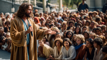 Fototapeta na wymiar Jesus Christ with microphone on stage, motivational speech