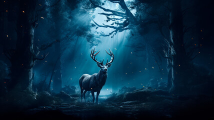 Beautiful stag with great antlers in mystical forest