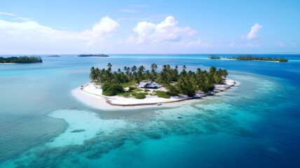Fototapeta premium Aerial view of tropical island, pristine beach, ideal retreat