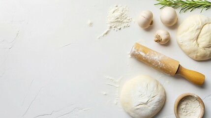 Fototapeta na wymiar Baking Preparation with Fresh Dough and Tools on White Surface. Generative ai