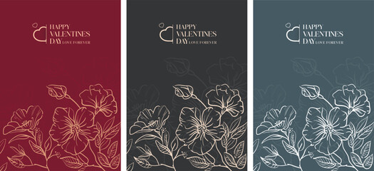 Romantic Blossom Trio of Valentine's Day Cards, Each Boasting Unique Florals & 'Happy Valentine's Day Love Forever' Message on a Light Wooden Surface