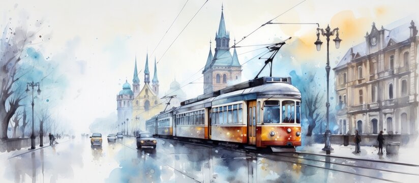 Illustration watercolor sketch of a old tram moving on city street. Generate AI image