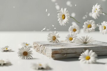 3D background, wood podium display. White daisy flower falling. Cosmetic or beauty product promotion step, pedestal on bright backdrop. Chamomile Spring backdrop. generative ai.