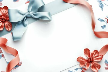 Elegant Invitation Card with Red and Blue Ribbons on White Background. Generative ai