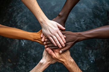 Closeup of diverse people joining their hands.