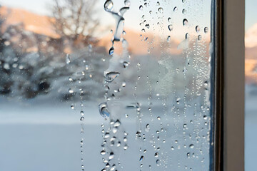 Water droplets on a window with a snowy landscape in the background