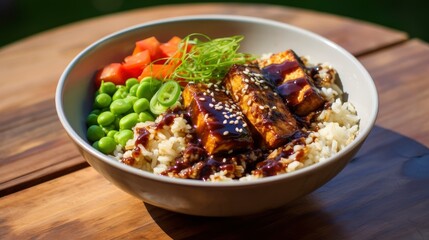 Delectable Tofu Teriyaki Bowl on Rice with Fresh Greens and Sesame Seeds, Asian Cuisine Delight