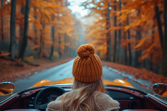 Rear View Of Woman Sitting In A Convertible Car Driving Down A Country Road In Autumn, Roadtrip And Freedom Concept.