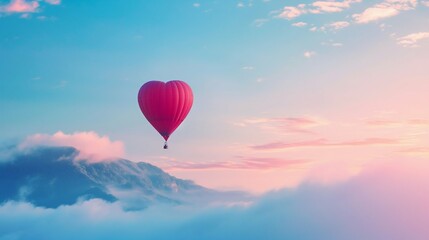 Fototapeta premium Heart-Shaped Hot Air Balloon Soaring at Sunrise. Generative ai