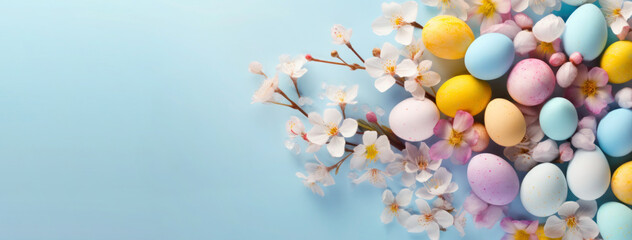 Colorful Easter eggs with spring blossom flowers on light blue background. Banner with copy space. Top view