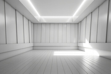 White clean empty interior room with indirect light from right and cornered back walll. 3d rendering.