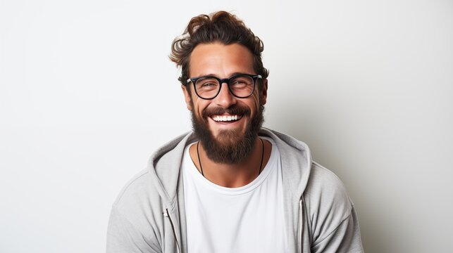 Beard hipster 30s man laughing headshot portrait image