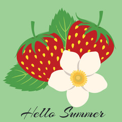 Hello Summer Modern illustration strawberry with leaves and flowers. Modern summer art print. Summer vector design for cards, invitations, posters, flyers, banners. 