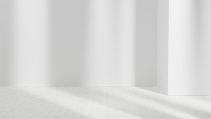 Bright empty room with sunlight from windows, white blank plaster wall and white wooden floor, white empty wall, empty wall and wooden floor stage and product placement, empty room sunlight