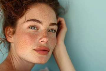 Fotobehang European woman with distinct freckles and melasma,woman's face showing, isolated a plain blue colored background. © Sara_P