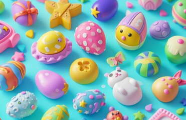 Set of 3D render Easter plastic eggs. Easter decorations