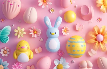 Obraz na płótnie Canvas Set of 3D render Easter plastic elements. Easter decorations