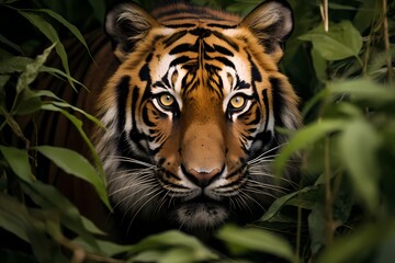 A regal Bengal tiger prowling through dense foliage, its piercing gaze locked forward.
