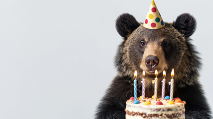 Bear wearing a birthday hat in front of a birthday cake isolated on white background  - obrazy, fototapety, plakaty