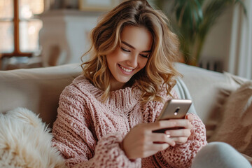 A smiling girl is sitting on the sofa with a phone in her hands