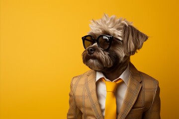 Stylish dog in sunglasses and suit with tie on yellow background with copy space on left for text