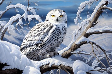 A regal snowy owl perched atop a tree, its piercing gaze fixed on the snowy landscape below.