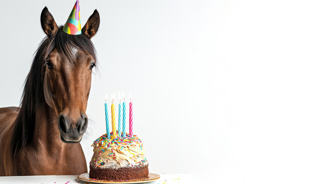 Horse wearing a birthday hat in front of a birthday cake isolated on white background