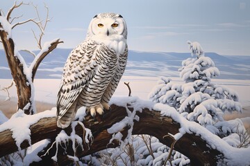 A regal snowy owl perched atop a tree, its piercing gaze fixed on the snowy landscape below.