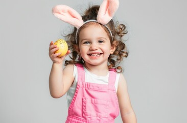 Obraz na płótnie Canvas Cute little girl in bunny ears holds Easter egg.