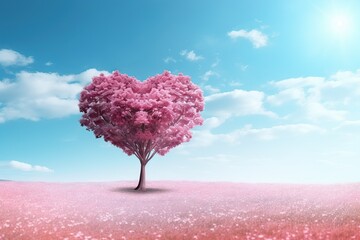 Heart tree adorned with radiant pink leaves against a blue sky background, creating a captivating Valentine's Day atmosphere.