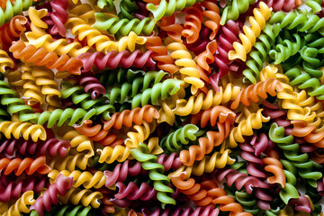 Background of colored noodles. Abstract texture of colorful pasta. Pattern of macaroni. Bright...