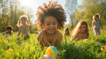 Little happy black kids are hunting for Easter eggs. Easter traditions.