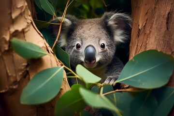 A serene scene of a lone koala nestled among eucalyptus leaves in the Australian bush.