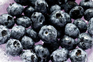 Fresh ripe juicy blue blueberry. Natural and healthy berry concept.Harvest, crop. Blueberry background. Filling the screen with large ripe blueberries. Top view. Vegan sweet food, market