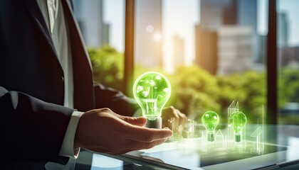 Human interaction of advanced technology based on AI hologram with greenery city concept, eco-friendly city with hologram network light bulb screen icons for energy source renewable.