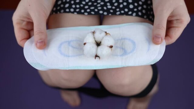 Sanitary napkin and cotton plant flower. The girl shows a cotton sanitary pad against the background of her panties. Concept of plastic-free products for women menstruation. Eco friendly products