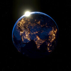 Eastern hemisphere at night from space with brightly lit cities and sunrise, 3D render - 710703505