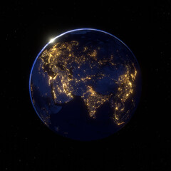 Eastern hemisphere at night from space with brightly lit cities and sunrise, 3D render - 710703507