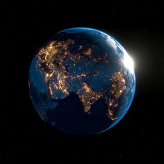 Eastern hemisphere at night from space with brightly lit cities and sunrise, 3D render - 710703511