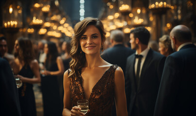 woman in evening dress smiling to the camera at a luxurious dinner party holding a glass of wine