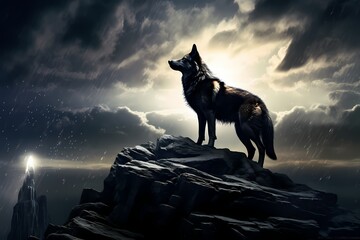 A serene scene of a lone wolf standing atop a rocky outcrop, silhouetted against a full moon.